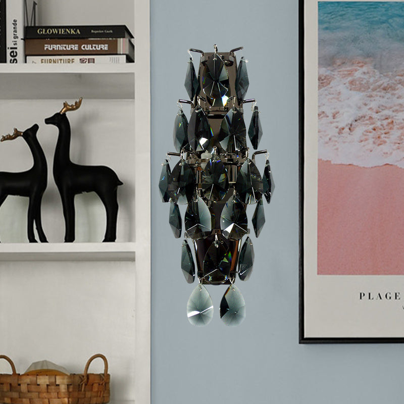 Retro Black Crystal Gem Wall Sconce With 2-Bulb Fixture For Living Room Lighting