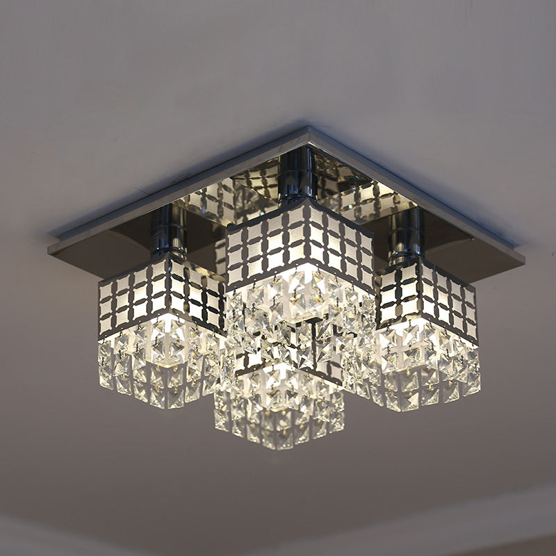 Contemporary Crystal Ceiling Fixture: Silver Square Semi - Flush Mount With 8 Clear Heads