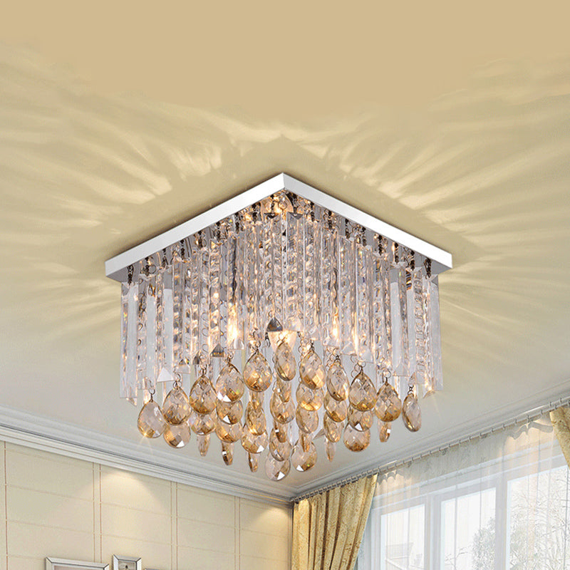Modern Chrome Crystal Drop Bedroom Ceiling Light - Square Mount 8/12 Wide / 12