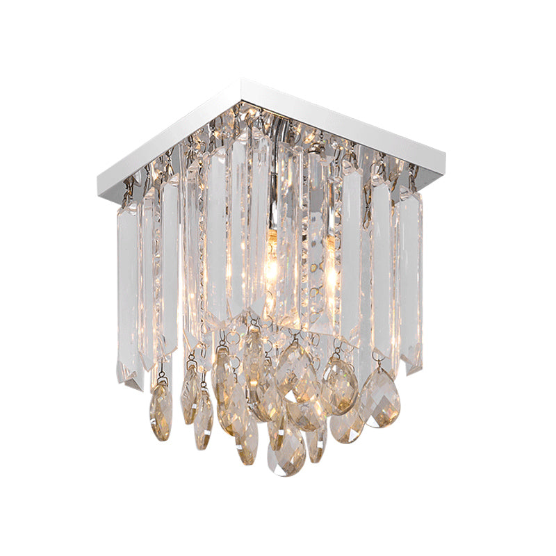 Modern Chrome Crystal Drop Bedroom Ceiling Light - Square Mount 8/12 Wide