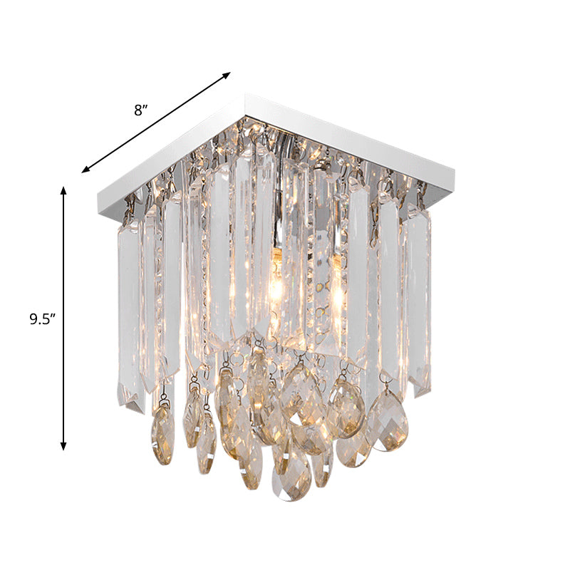 Modern Chrome Crystal Drop Bedroom Ceiling Light - Square Mount 8/12 Wide