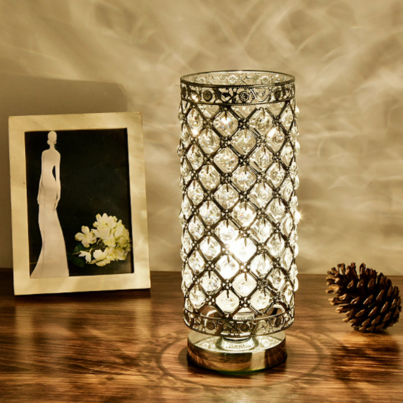 Polished Silver Table Lamp - Stylish Crystal Trellis Design With Single Bulb Modern Nightstand Light