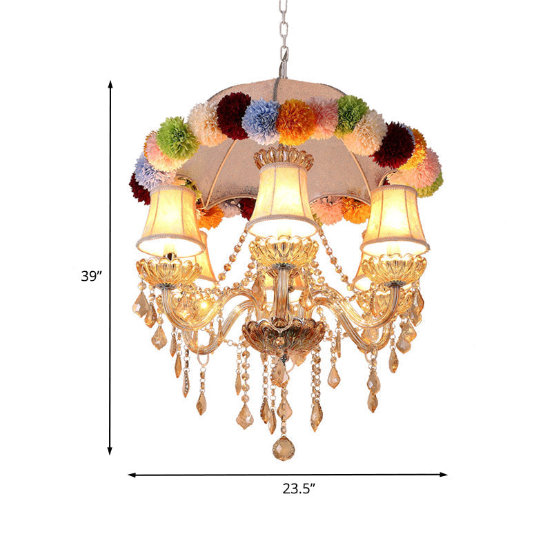 Pink Retro 6-Bulb Fabric Chandelier With Crystal Accents And Floral Ball Ornament