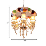 Retro Paneled Bell Suspension Lamp - 6-Bulb Pink Fabric Chandelier With Crystal Accent And Floral