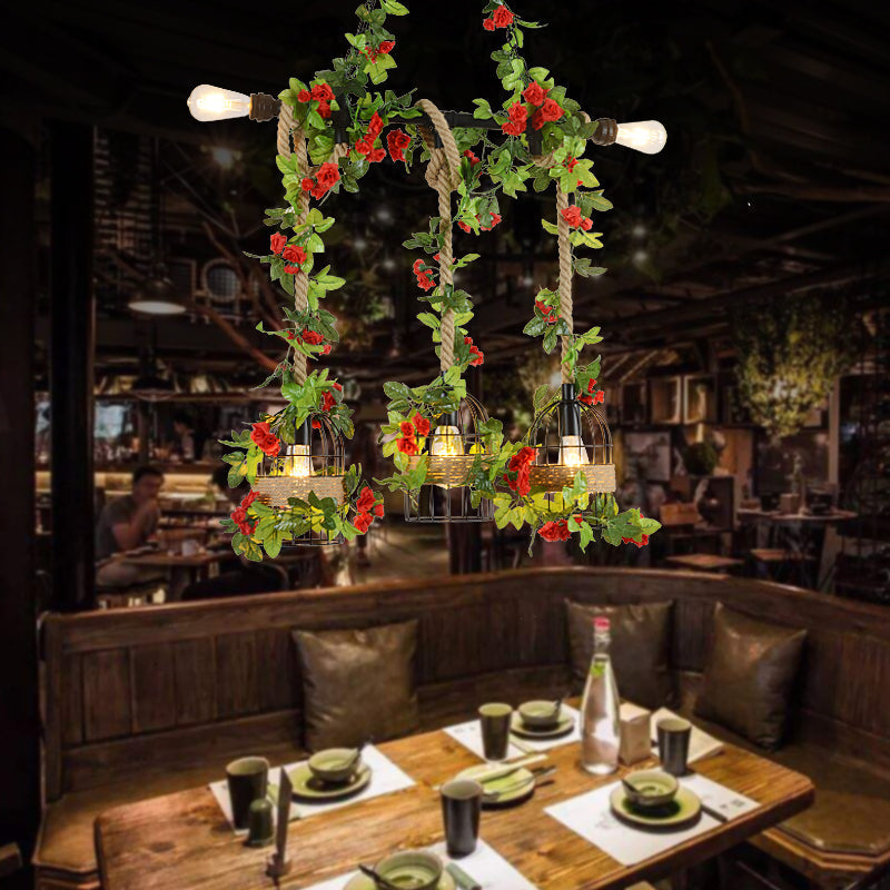 Farmhouse Metal Island Light Pendant With 5 Heads Black Finish And Rope Detail Including Fake Flower