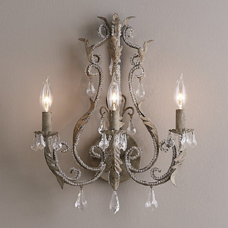 Rustic White/Grey Crystal Bead Wall Sconce With Candlestick - Indoor Lamp Fixture