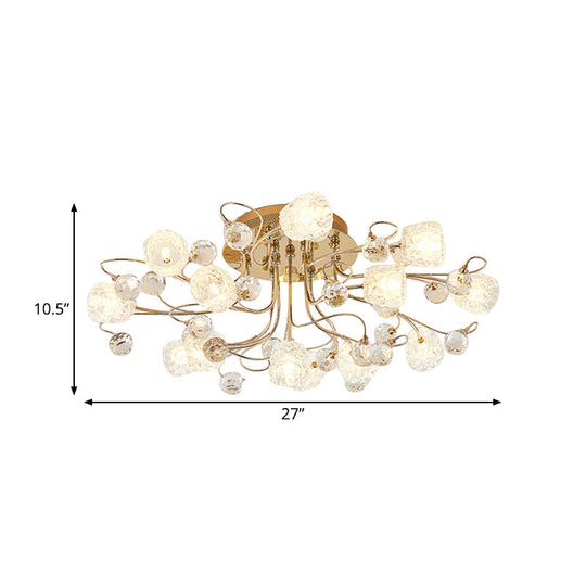 Modern Gold Flowerbud Ceiling Lamp With Bubble Glass - 13 - Light Semi Flush Chandelier