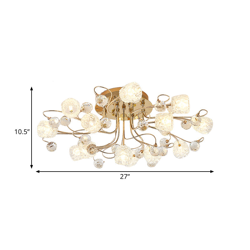 Modern Gold Flowerbud Ceiling Lamp With Bubble Glass - 13-Light Semi Flush Chandelier