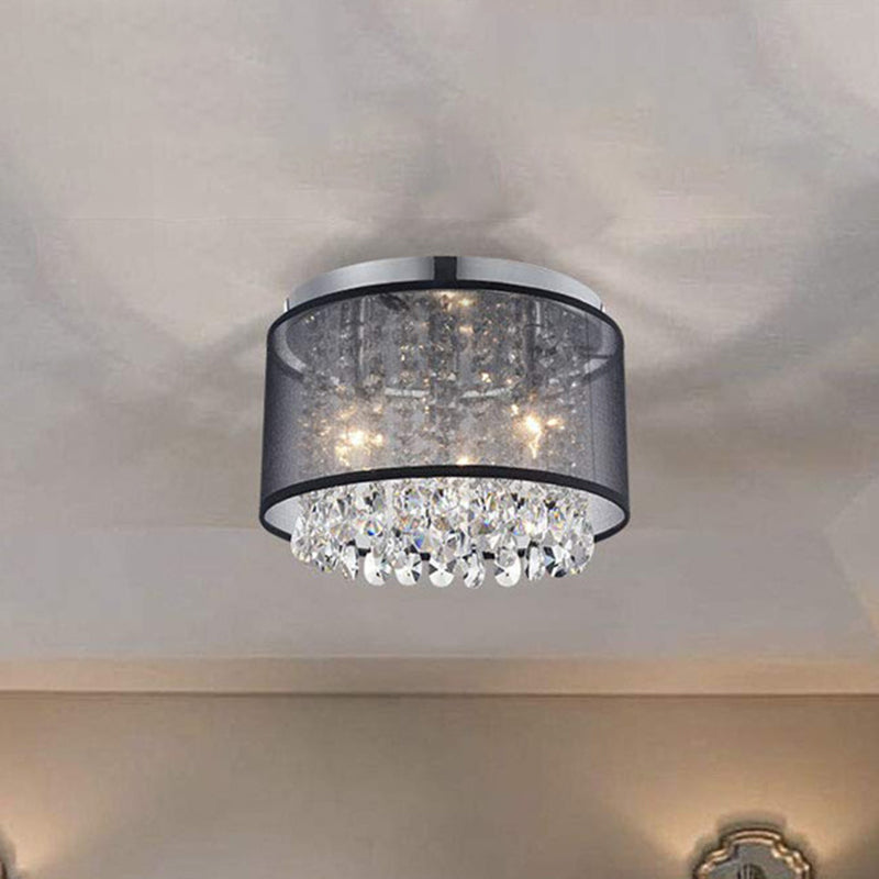 Chrome Flush Mount Lamp With Crystal Drops - Simple & Stylish 3-Light Cylinder Ceiling Fixture