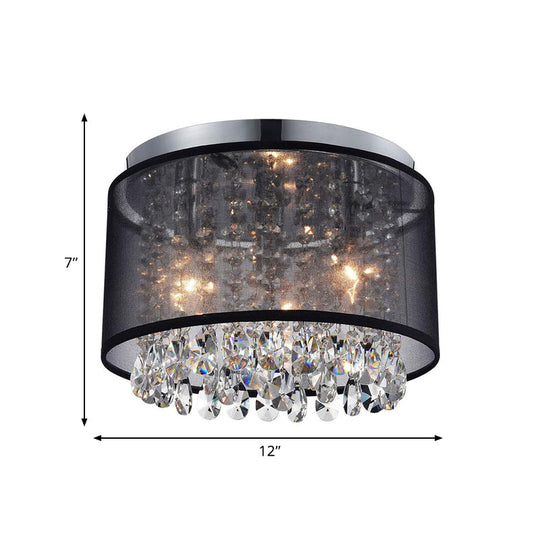 Chrome Flush Mount Lamp With Crystal Drops - Simple & Stylish 3-Light Cylinder Ceiling Fixture