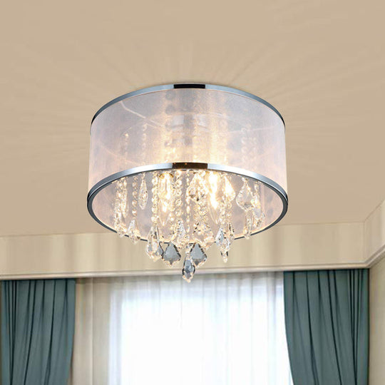 Simple 4 - Light Drum Shade Flush Mount Fixture For Bedroom Ceiling Light With Crystal Accent -