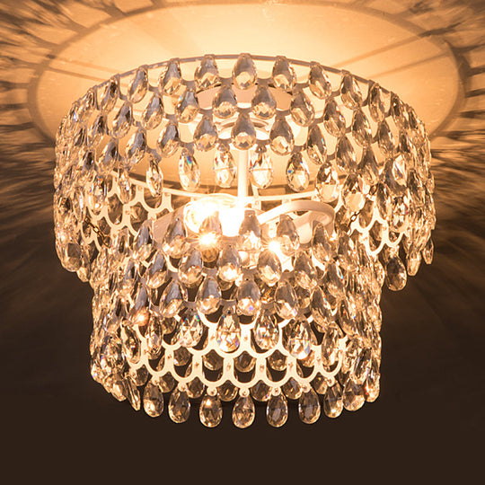Contemporary Crystal Teardrop Ceiling Lamp With Tiered Design - White Semi Flush Light 2 Heads