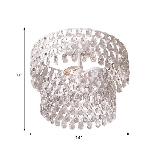 Contemporary Crystal Teardrop Ceiling Lamp With Tiered Design - White Semi Flush Light 2 Heads