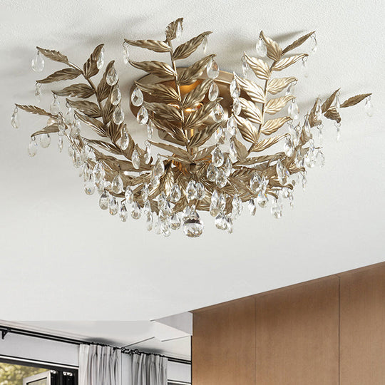 Classic Style Crystal Orb Gold/Black Semi - Flush Mount Leaf Ceiling Light For Bedroom - 10 Heads