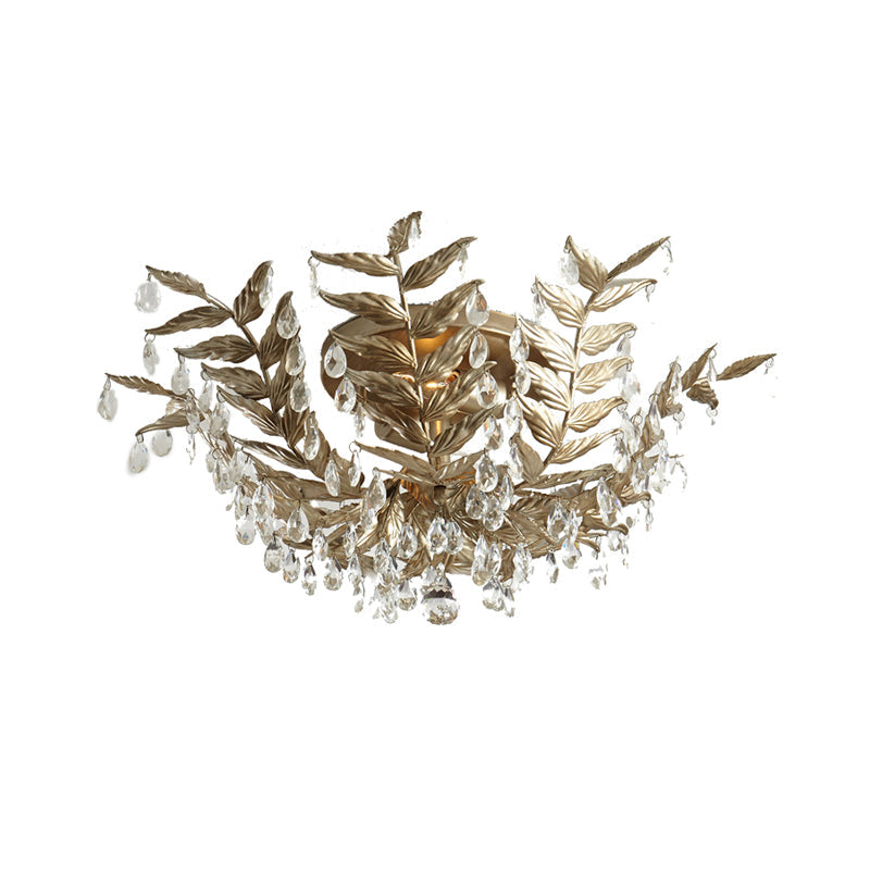 Classic Style Crystal Orb Gold/Black Semi-Flush Mount Leaf Ceiling Light For Bedroom - 10 Heads
