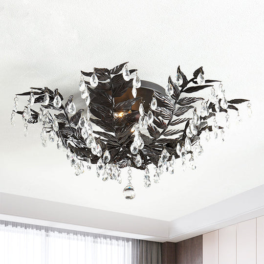 Classic Style Crystal Orb Gold/Black Semi-Flush Mount Leaf Ceiling Light For Bedroom - 10 Heads