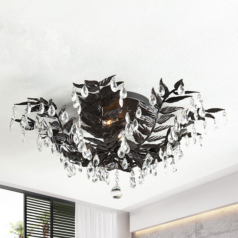 Classic Style Crystal Orb Gold/Black Semi-Flush Mount Leaf Ceiling Light For Bedroom - 10 Heads