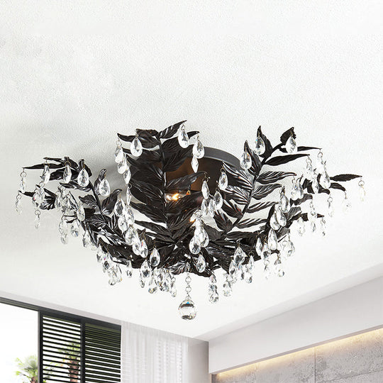 Classic Style Crystal Orb Gold/Black Semi-Flush Mount Leaf Ceiling Light For Bedroom - 10 Heads