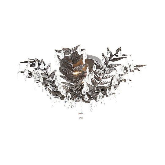 Classic Style Crystal Orb Gold/Black Semi - Flush Mount Leaf Ceiling Light For Bedroom - 10 Heads