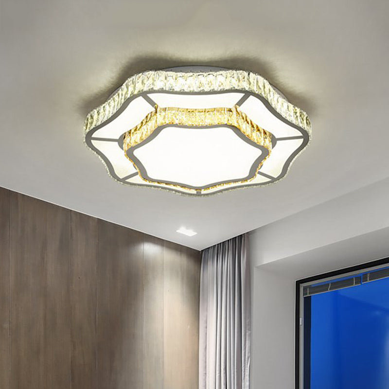 Contemporary Chrome Crystal Led Flush Light With 2 Layers Of Flower Design - Perfect For Living Room
