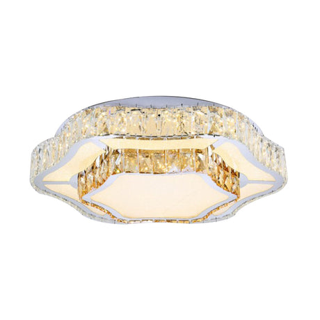 Contemporary Chrome Crystal Led Flush Light With 2 Layers Of Flower Design - Perfect For Living Room