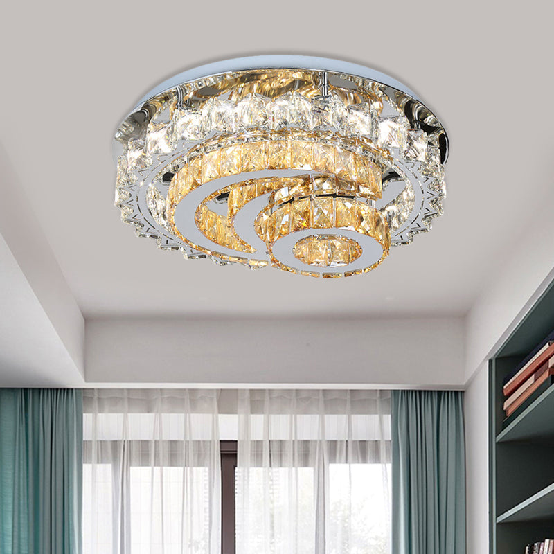 Crystal Led Flushmount Parlor Ceiling Light With Inlaid Opulent Chrome Moon And Circle Design