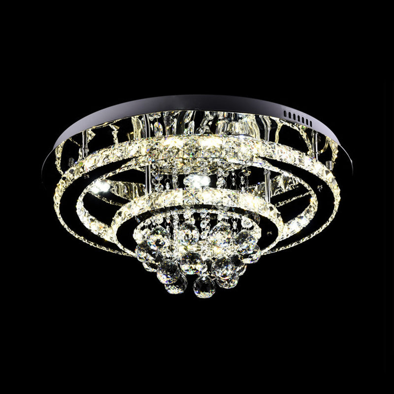 Modern Led Flush Mount Ceiling Light With Dual Crystal Frame In Chrome - Ideal For Bedrooms