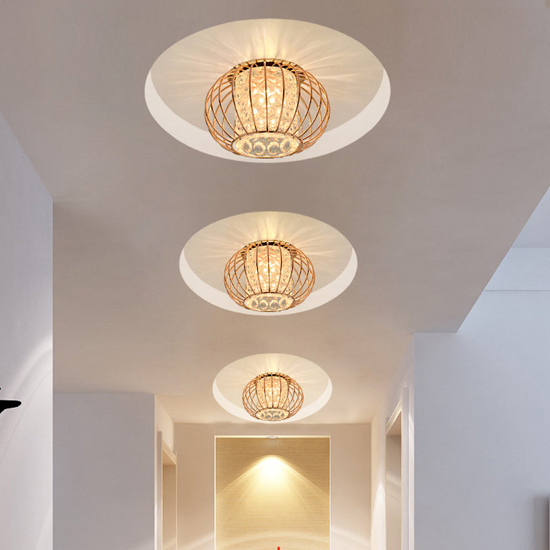 Rose Gold Lantern Cage Led Flushmount Ceiling Light: Cylindrical Bubble Crystal For Simple Corridors
