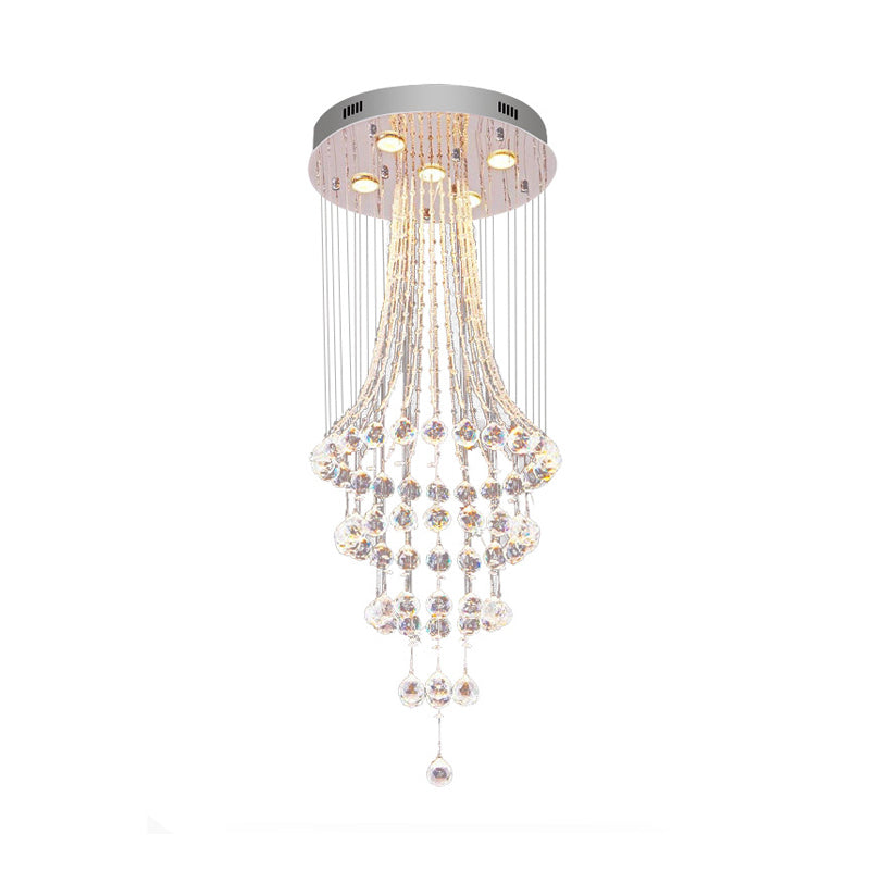 Modern Crystal Ceiling Lamp: Flared Drape 5-Head Flush Mount Fixture In Chrome - Stylish Dining Room