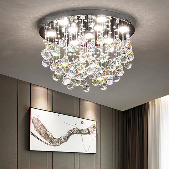 Modernist Chrome Flush Mount Light With 9 Crystal Orbs For Living Room Ceiling