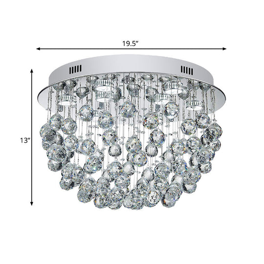 Modernist Chrome Flush Mount Light With 9 Crystal Orbs For Living Room Ceiling