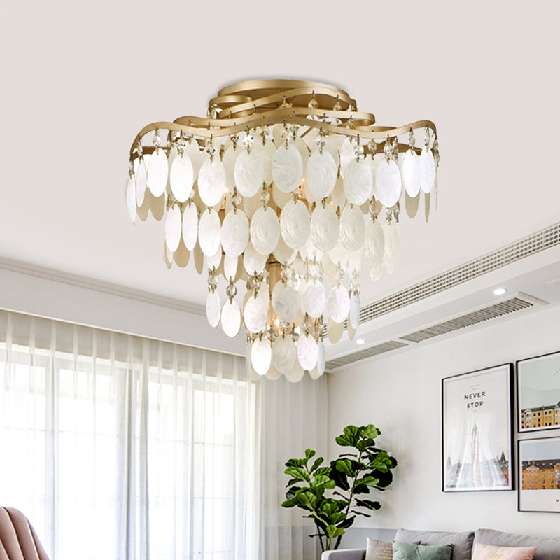 Shell Coastal Chandelier: 4 - Bulb Semi - Flush Fixture With Brass Finish