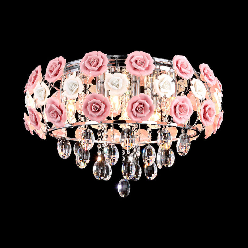 Modern Romantic Crystal Flush Mount Chandelier - Pink Blooming Rose Ceiling Light 8-Bulb