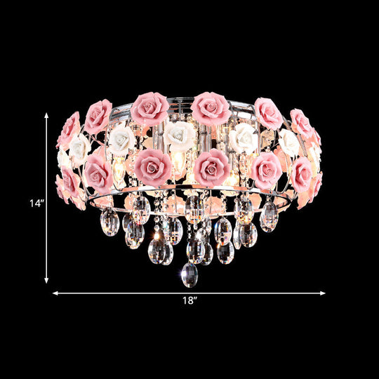 Modern Romantic Crystal Flush Mount Chandelier - Pink Blooming Rose Ceiling Light 8 - Bulb