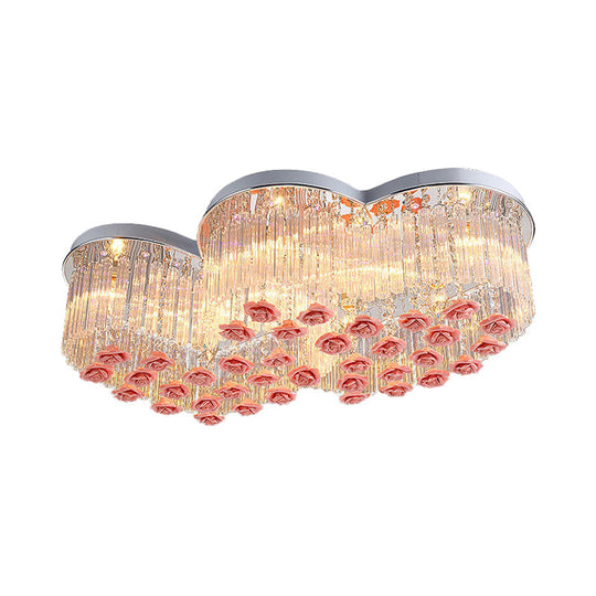 Romantic Crystal Rod Loving Heart Modern 8 - Light Flush Ceiling Light With Pink Ceramic Rose