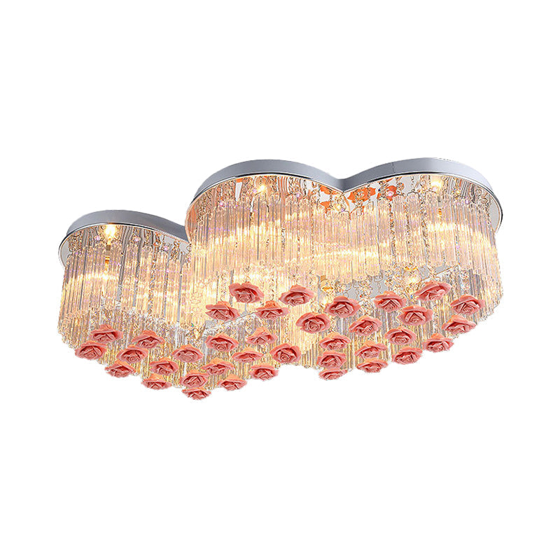 Romantic Crystal Rod Loving Heart Modern 8-Light Flush Ceiling Light With Pink Ceramic Rose Finials