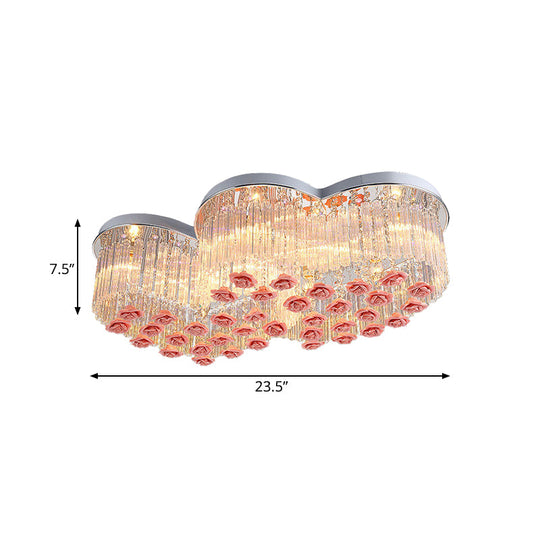 Romantic Crystal Rod Loving Heart Modern 8 - Light Flush Ceiling Light With Pink Ceramic Rose