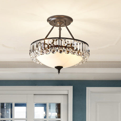 Classic Opal Glass 4-Light Brass Flush Mount With Crystal Prism Side For Bedroom