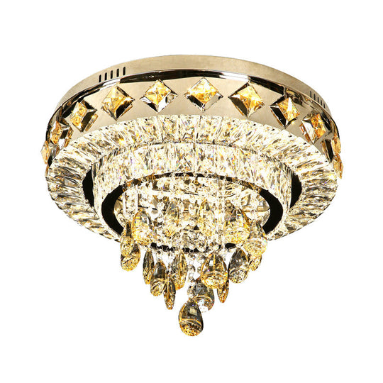 Contemporary Crystal 2-Tier Led Ceiling Flush Mount Lamp - 19.5/23.5 Width Chrome With Drop