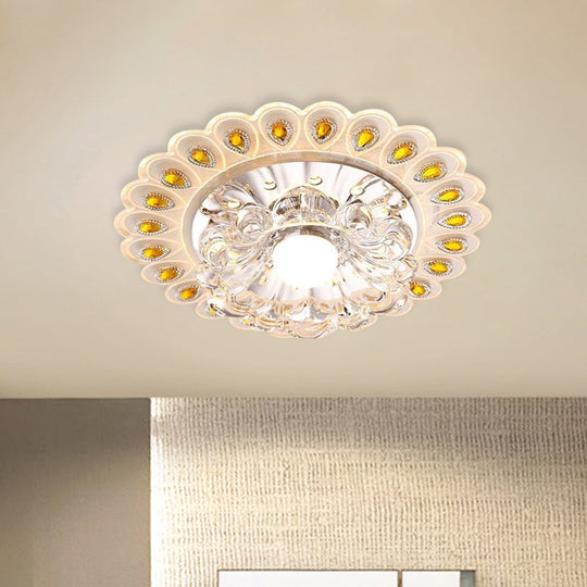 Romantic Led Floral Flush Mount Ceiling Light With Clear Crystal And Peacock Feather Accent
