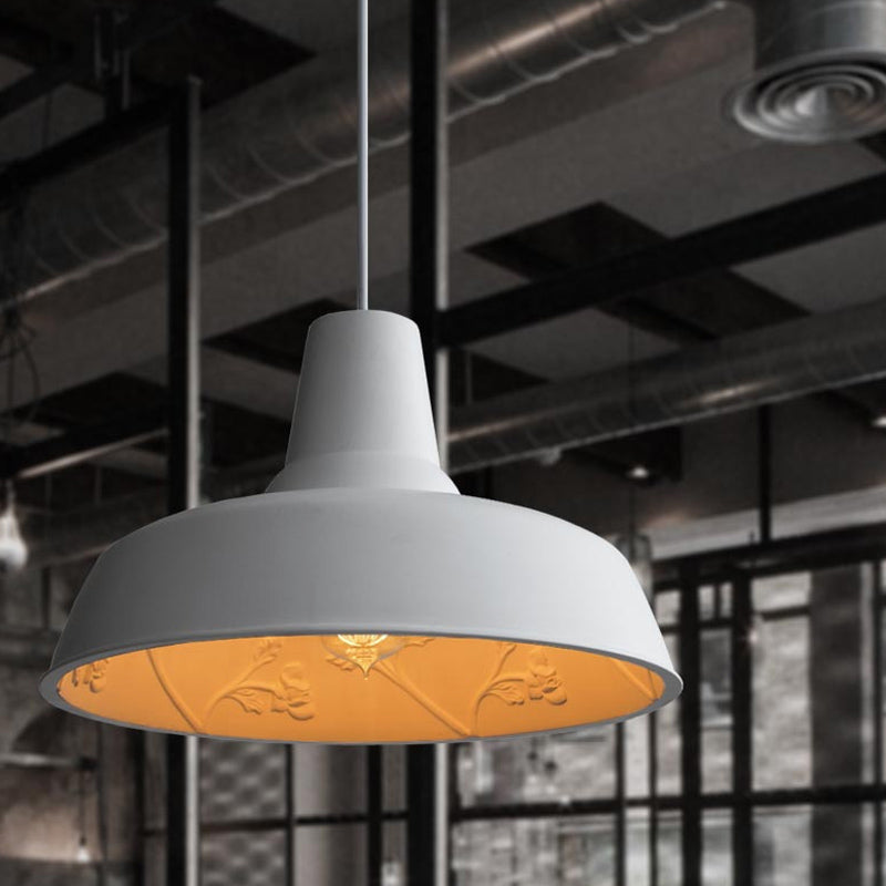Loft Style White Iron Barn Shade Pendant Lamp With Inner Etched Rose Design - Hanging Ceiling Light