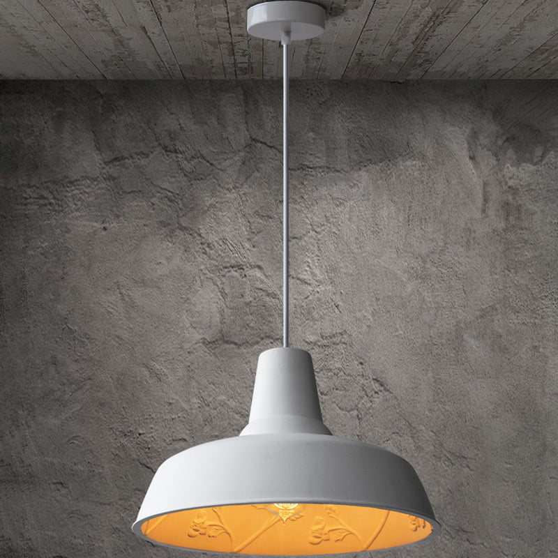 Loft Style White Iron Barn Shade Pendant Lamp With Inner Etched Rose Design - Hanging Ceiling Light