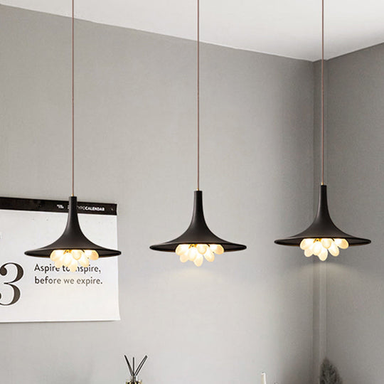 Industrial Black Iron Pendant Chandelier With Wide Flared Shade – Grapes Frosted Glass Dining