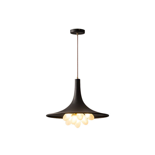 Industrial Black Iron Pendant Chandelier With Wide Flared Shade – Grapes Frosted Glass Dining