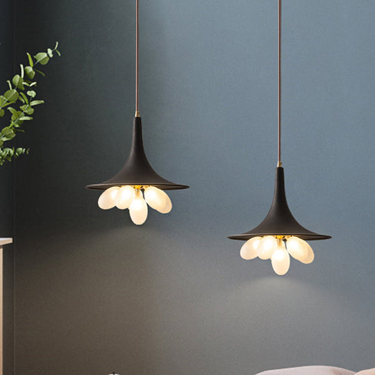 Industrial Black Iron Pendant Chandelier With Frosted Glass Shade - Wide Flared Style For Dining