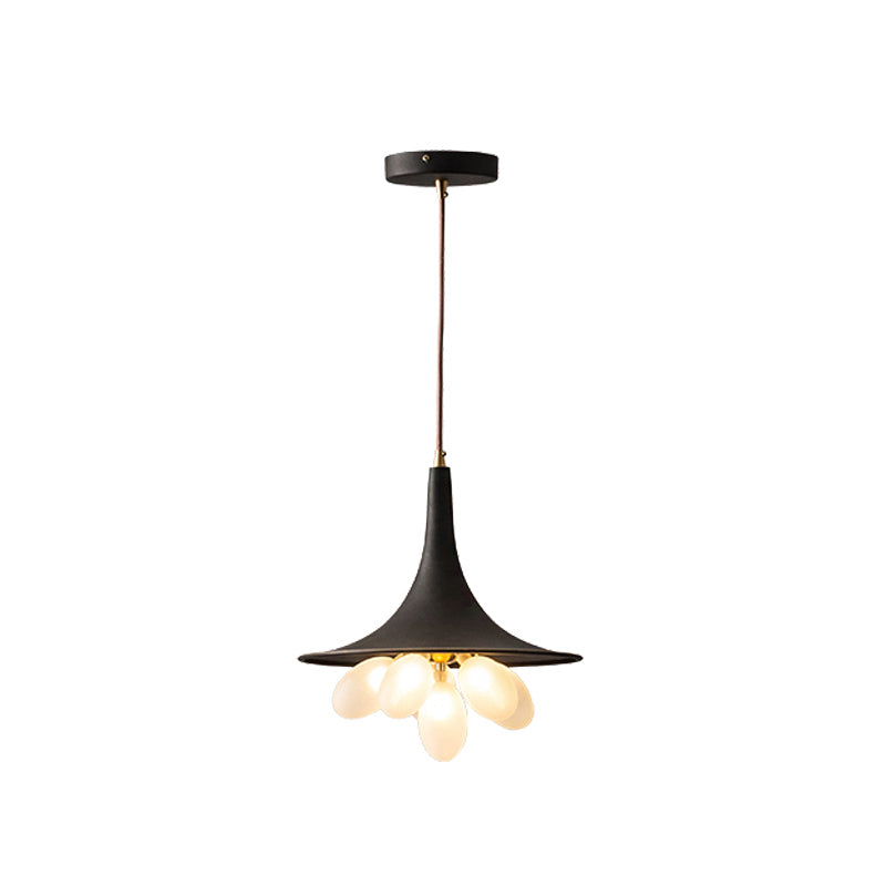 Industrial Black Iron Pendant Chandelier With Wide Flared Shade – Grapes Frosted Glass Dining