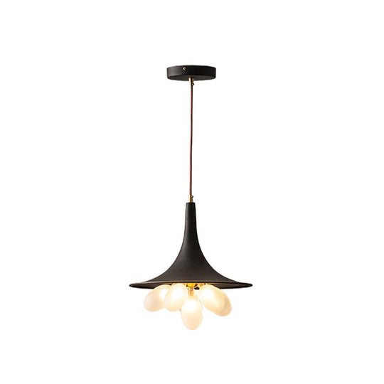 Industrial Black Iron Pendant Chandelier With Wide Flared Shade – Grapes Frosted Glass Dining