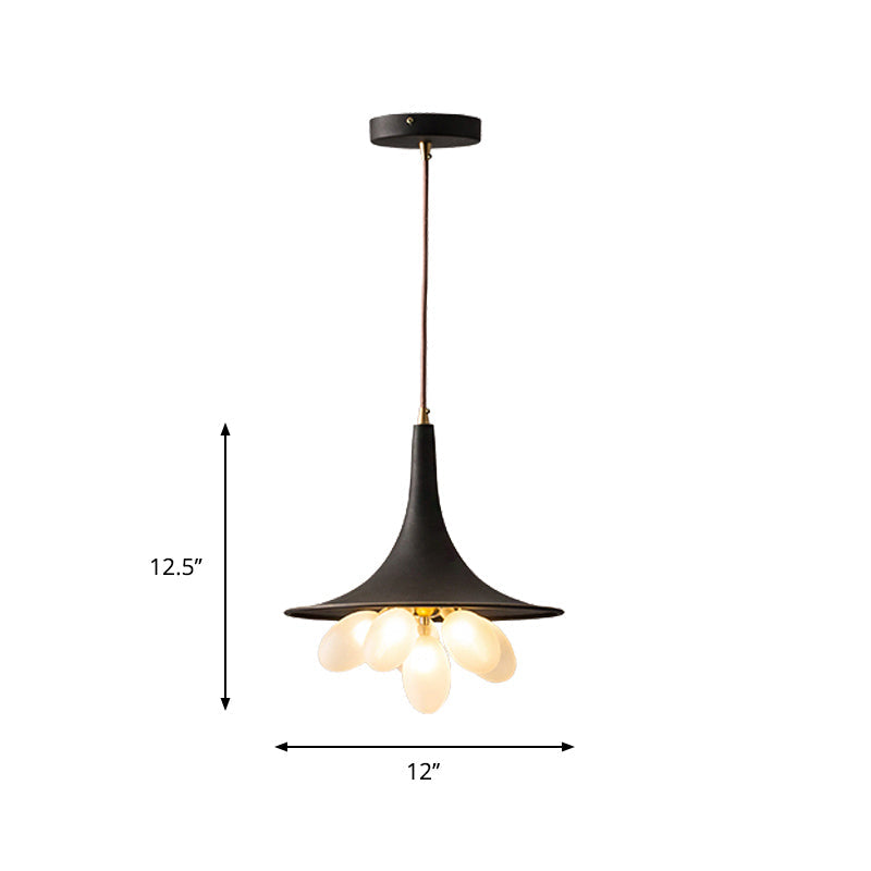 Industrial Black Iron Pendant Chandelier With Wide Flared Shade – Grapes Frosted Glass Dining