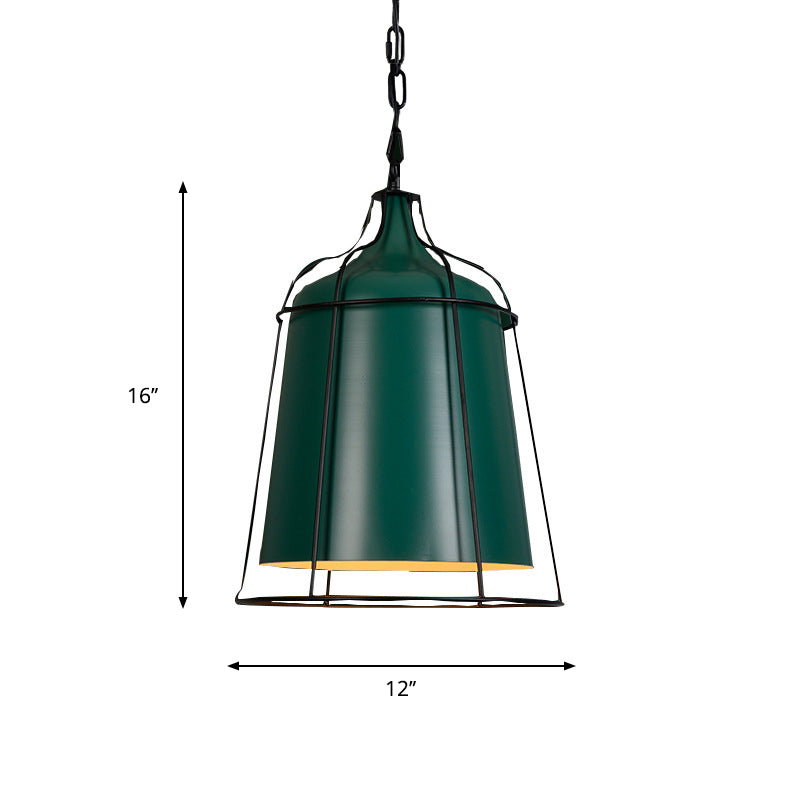Industrial Dark Green Pendant Light With Wire Cage - Single Bulb Aluminum Suspension Fixture