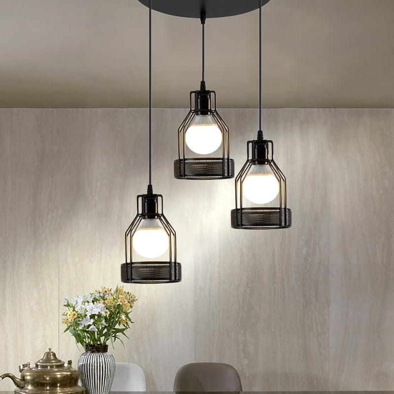 Iron Bottle Frame Cluster Pendant Industrial Suspension Lighting With Mesh Bottom - Black 3 Bulbs